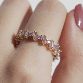 Michooyel 18K Gold Pated Eternity Band Ring Pink Cubic Zirconia Baguette Statement Ring for Women Girls