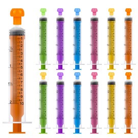 Pack of 14 Syringes with Lid, Multiple Colours, Colostrum Syringes, 10 ml, Multiple Individually Packed, Disposable Syringes for Laboratory, Liquid Measurement and Dispensing, Animal Feeding