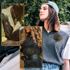 RechicGu 4 pc Peacock Feather Brooch Pin Set - Black, For Hats, Costumes, Hair Accessories - Lapel Stick Brooch Pin Vintage Feather Brooch Badge