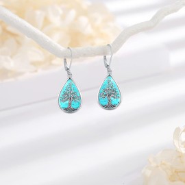 LOOVE Tree of Life Earrings Sterling Silver Turquoise Earrings for Women Tree of Life Leverback Earrings Teardrop Dangle Earrings Turquoise Jewelry