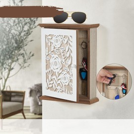 QILICZ Key Cabinet Wooden Key Box with White Pattern Key Cabinet 6 Key Hooks Key Rack Wall Organiser L for Entrance, Hallway, Office Key Holder Key Holder