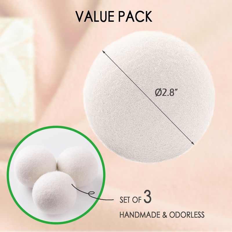 Wool Dryer Balls, 3 Count XL Dryer Lint Balls, Reusable