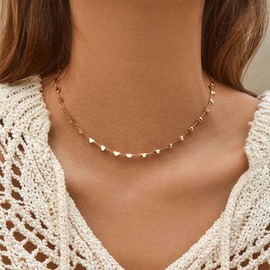 Yheakne Boho Heart Choker Necklace Gold Heart Necklace Small Station Heart Chain Necklace Tiny Heart Collar Necklace Jewelry for Women and Girls