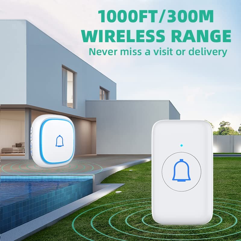 Wireless Doorbell with 2 Receivers IP66 Waterproof 1000ft Range Door