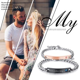 Flongo One Pair of Stainless Steel Bracelets with Zirconia Text Engraving, Love Vows, Rose Gold and Black Partner Bracelets, Love Jewellery, Gifts for Valentine's Day, Birthdays, Anniversaries,