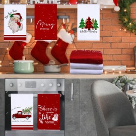 Oudain Sets of 6 Christmas Kitchen Towels and Dishcloths Xmas Santa Christmas Tree Snowman Dish Towels Winter Kitchen Hand Towels Kit Christmas Novelty Gifts for Christmas Party Supplies