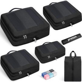 Prezon Compression Packing Cubes for Carry on Luggage, Full Open & Mesh Visible Design, 6 Set Expandable Travel Packing Organizer with Laundry Bag and Shoe bag for Vacation, Camping, Business