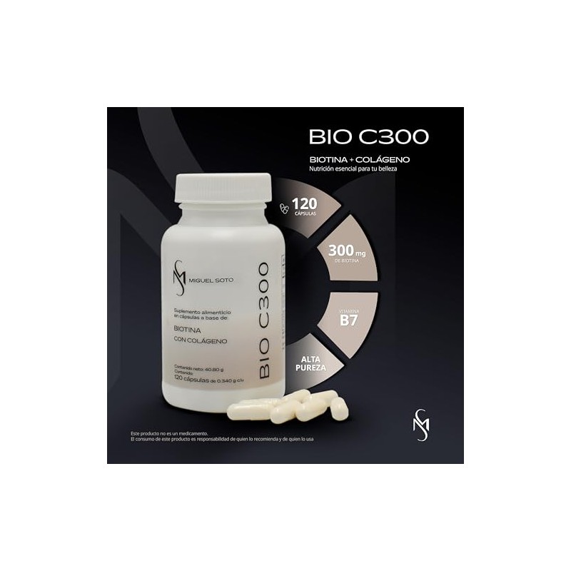 Miguel Soto BIO C300 Biotina con Colágeno, 120 Cápsulas, Fórmula