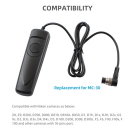 Shutter Release Cable Cord Wired Remote Control Switch Compatible for Nikon Z8 Z9 D800 D810 D850 D100 D200 D300 D300s D1 D1h D1x D2H D2x D2Xs D3 D3s D3x D4 D4s D5 Replacement for MC-30