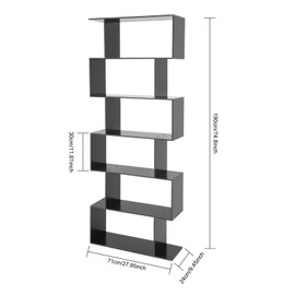6-Tier Geometric Bookshelf Modern S-shaped Bookshelf Bookcase Freestanding Books Display Shelf Shelves White PVC Book Organizer Storage Shelf Case for Home Office Bedroom Living Room Dorm Decor, Black