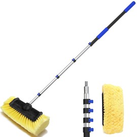 Buyplus 26FT Reach Car Wash Brush with Long Handle, 12-Inch Soft Bristle Head, Truck Wash Brush with 5-20FT Telescoping Pole, Car Washing Brush for Cleaning Car, SUV, RV, Boats, Solar Panels Blue