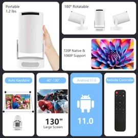 VNEIMQN Mini Projector with WiFi and Bluetooth, 4K Support Smart Portable Projector Auto Keystone , 180 Degree Rotation, Home Video Proyector Android