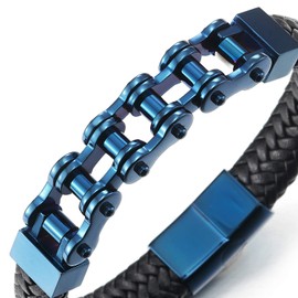 COOLSTEELANDBEYOND Mens Stainless Steel Blue Motorcycle Bike Chain Bracelet Black Braided Leather Bangle, Magnetic Clasp