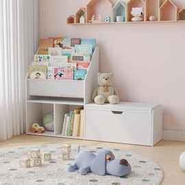 MAHANCRIS Kids Bookshelf and Toy Storage with Reading Nook, Toy Organizer with 5-Tier Sling Bookshelf, Multifunctional Kids Bookcase for Playroom, Living Room, Nursery, White KBWT8501