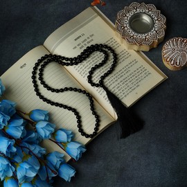 RIYAURA 108 Beads 8mm Natural Semi Precious Black Obsidian Gemstone Prayer Mala Necklace For Yoga & Meditation