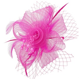 DRESHOW Fascinator Hats for Women Pillbox Hat with Veil and Forked Clip Cocktail Tea Party Headpiece, 1 x fascinator hat: deep pink