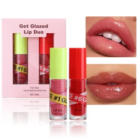 2 Colors Lip Gloss Oil Kit, Moisturizing Shiny Lip Plumper Oil Long Lasting Waterproof Non-sticky Clear Tinted Lip Gloss Glazed Lip Duo,Glitter Hydrating Lip Glow Oil,Makeup Gift for Women Girl-Set B
