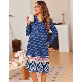 Ekouaer Womens Nightgowns Long Sleeve House Dresses Moomoo Dresses Moo Moos Mumu with Pockets Navy Blue XXL