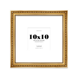 10x10 Gold Ornate Photo Frame With White Mat For 7x7 Picture, Ready to Hang or Stand, 1 Pack