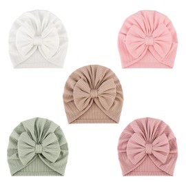 DRESHOW BQUBO 5 Pieces Soft Newborn Baby Turban Nursery Hospital Bow Hats Baby Infant Beanie Toddler Cap for Baby Girls