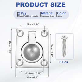 PATIKIL 1-7/8"x1-1/2 Flush Pull Ring Handles, 2 Pcs 316 Stainless Steel Square Recessed Door Pull Hidden Boat Hatch Latch with Screws for Marine Yacht Furniture, Silver