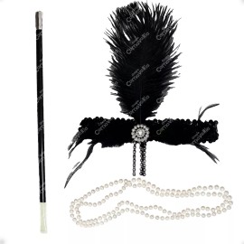 Grupo Carnavallia Kit Charleston Accesorios Diadema Pluma Negra Collar Pipa Color Negro