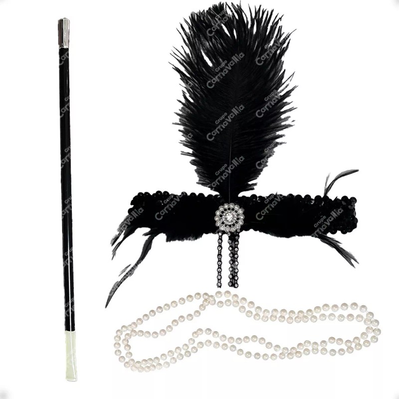 Grupo Carnavallia Kit Charleston Accesorios Diadema Pluma Negra Collar Pipa