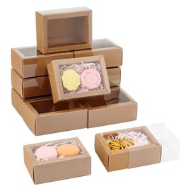 nbeads BurlyWood Pack of 12 Drawer Kraft Boxes, 11 x 8 x 4.2 cm Reusable Gift Packaging Case Foldable Paper Drawer Boxes with Window for Party Favour Treats Jewellery