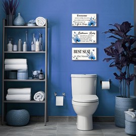 DONFENTHY 3 Pieces Blue Bathroom Decor Bathroom Rules Wall Art Blue Flower Bathroom Rules Signs Best Seat in The House Rustic Farmhouse Wooden Sign for Bathroom Toilet Wall Decor (Blue 10x5 Inch)