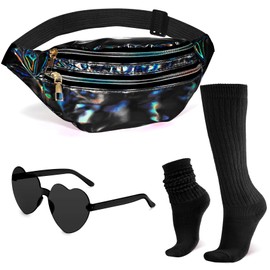 Holographic Fanny Packs for Women Men,80s 90s Fanny Pack,Black Heart Sunglasses,Black Slouch Socks for Women,Crossbody Fanny Packs for Women,Metallic Color Sport Waistbag,Fashion Shiny Waist Pack