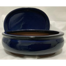 Unbranded 8" Glazed Ceramic Bonsai Pots with Matching Trays!! - Several Styles - Oval Pot Belly Azure Blue