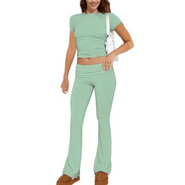 GTETKDE Women's 2 Piece Lounge Sets Casual Y2K Outfits Short Sleeve Crop Top Fold-over Flare Pants Set Tracksuits LightGreen M