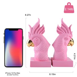 JOOMBE Pink Parrot bookends, Bird Animal Sculpture bookends Decorative bookends, Creative Modern Bookshelf Decorations