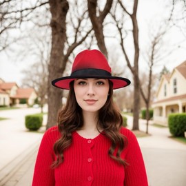 howkuhat Felt Fedora Hat for Men Women Color Blocking Feather Wide Brim Classic Adjustable for Autumn Winter(UK, Alpha, One Size, M, Red+Black)