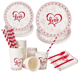 GAOMON Valentine's Day Party Supplies, Red Heart Love Decorations Disposable Paper Plates Napkins, for Valentine's Day, Engagements, Wedding, Anniversary, Birthday Party, Serve 25