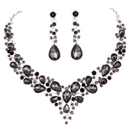 Molie Bridal Austrian Crystal Necklace and Earrings Jewelry Set Gifts fit with Wedding Dress (Grey Black)