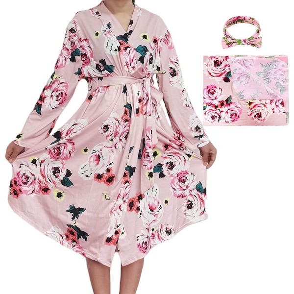 SUFEINI Maternity Robes and Matching Swaddle Blanket Set, Women Mommy