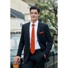 HISDERN Orange Tie and Pocket Square With Tie Clip Set Solid Color Ties For Men Necktie For Wedding Business