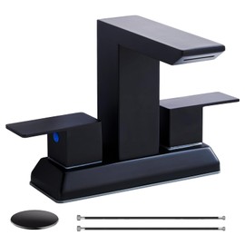 Matte Black Waterfall Bathroom Faucet, 4 inch Centerset Two Handles Bathroom Sink Faucet 2 or 3 Holes Stainless Steel Vanity Lavatory Mixer Tap with Pop-up Drain and Supply Lines