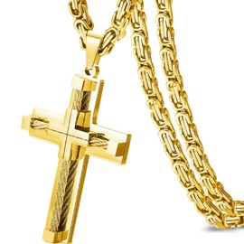JUNOVUROS Cross Pendant Necklace for Men, Jesus Christ 316L Stainless Steel 20 to 28 In Rolo/24 In Byzantine Chain, 2 Sizes of Religious Jewelry with Silver/Gold/Black/Multicolor