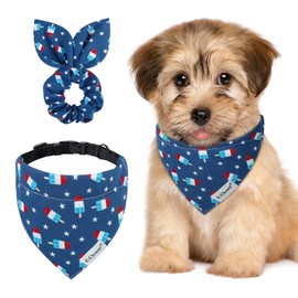 E-Clover Patriotic Dog Collar - American Flag Dog Collars Bandana & Matching Scrunchie Adjustable Dog Collars for XS Small Dogs 4th of July Blue