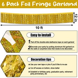 6 Pack 10 Ft Gold Wave Foil Fringe Garland Metallic Tinsel Streamers Banner Wall Hanging Curtain Backdrop for Parade Floats, Mother's Day, Easter, Graduate, Wedding, Birthday Party Decoration