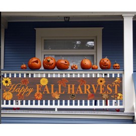 98" x 19" Large Happy Fall Harvest Banner - Long Fall Thanksgiving Outdoor Decoration - Orange Leaves Pumpkin Autumn Banner for Wall, Office, Fence, Yard, Garage
