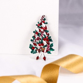 Ever Faith Austrian Crystal Enamel Red Ribbon Wishing Tree Brooch Silver-Tone