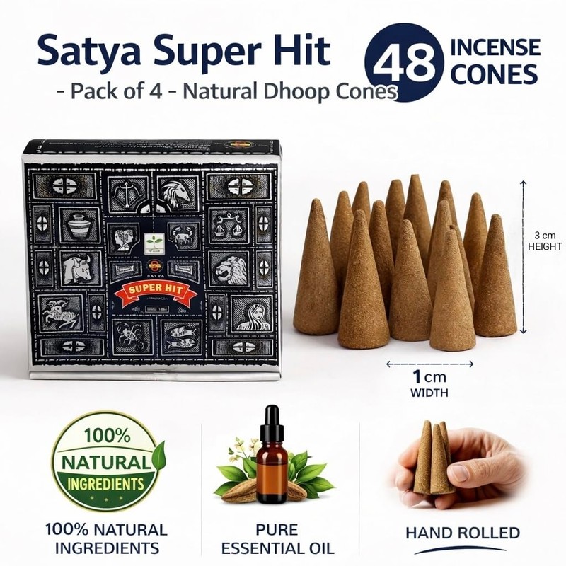 Satya Superhit Dhoop Cones with Stand, 4 Packs x 12