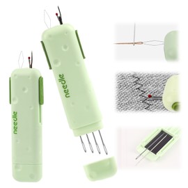 2pcs 3 in 1 Automatic Needle Threaders Seam Ripper with Needle Storage, Green Quick Threading Tool for Embroidery Crafting Hand Sewing Accessories