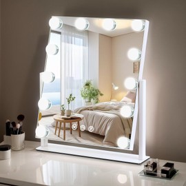 ZBOCAI Vanity Mirror with Lights, 10'' x 12'' Lighted Makeup Mirror for Desk, Hollywood Mirror with 12 Dimmable Bulbs, 3 Color Modes, Smart Touch Control, 360°Rotation