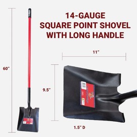 Bully Tools Square Point Shovel – Heavy Duty 14-Gauge Steel Metal Tool with Long Fiberglass Handle for Landscaping, Garden Digging Work, Spade Use, Soil Moving, Cleanup Jobs & Yard Projects - 60-Inch