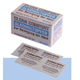 PP Viskose Alkoholtupfer, weiß, 6,5 x 3 cm - gefaltet auf 3,2 x 3 cm, Clean-Comfort: glatte, einzeln verpackte und mit 70 %igem Isopropyl-Alkohol getränkte Hautreinigungstücher als Stations- und Patie