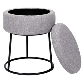 BIRDROCK HOME Grey Linen Storage Stool Ottoman w/Black Metal Leg Base, Soft Compact Padded Seat Footrest, Small Footstool for Living Room Seating, Office, Dorm, Vanity Chair, Bedroom, Couch, Desk